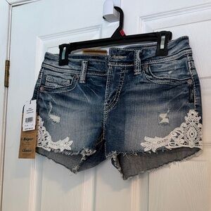 Silver Jeans Blue Denim Shorts with Lace Accents